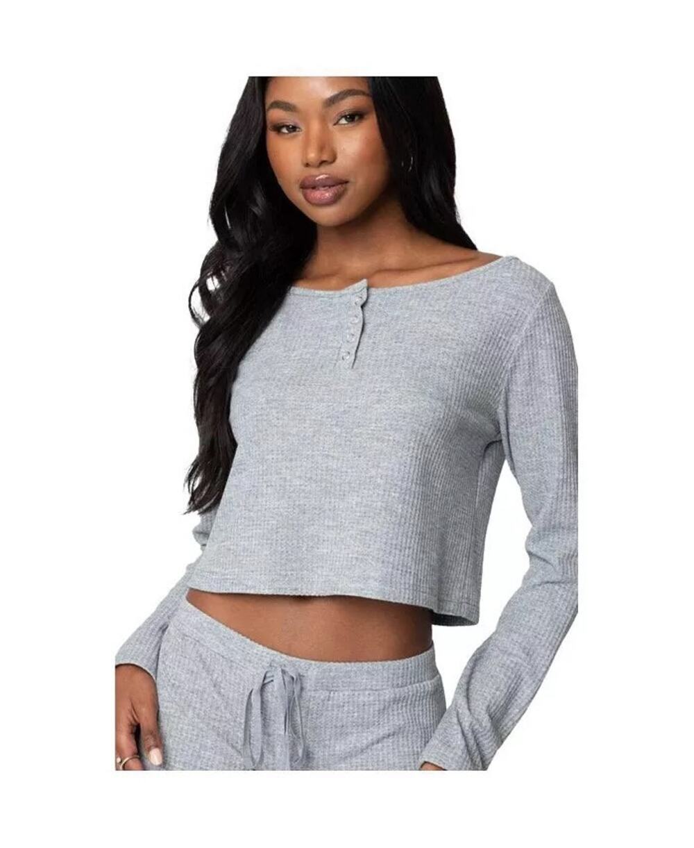Edikted Women's Teddy Cropped Waffle Top Size Medium NEW Causal Comfort Lounge